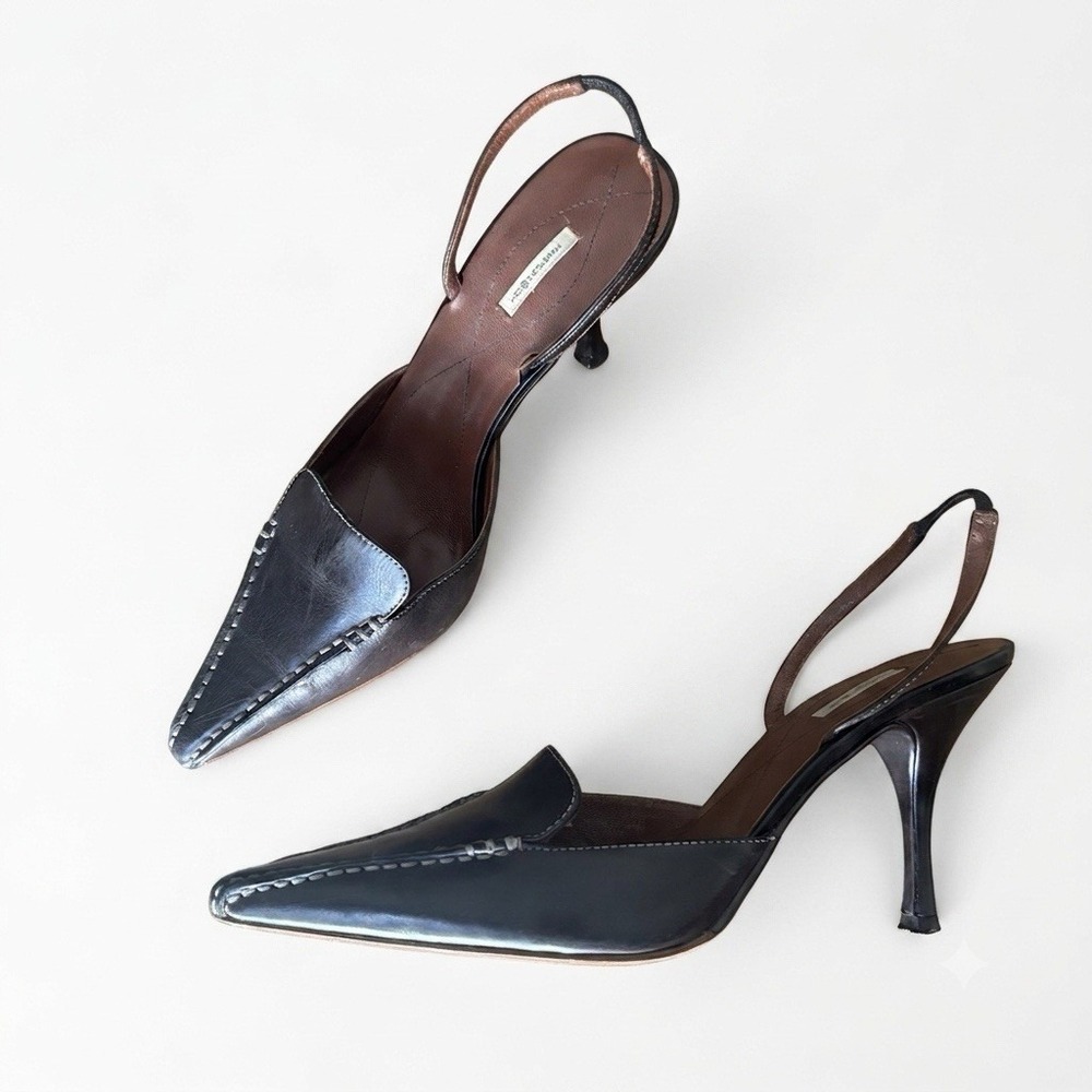 y2k Max Studio vintage Leather pointy toe slingback heels size 7.5 Brown Minimal